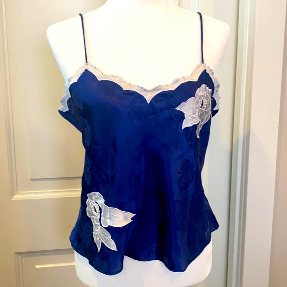 1980s Victoria's Secret Silky Satin Blue Camisole Vintage GOLD LABEL Tank Top M